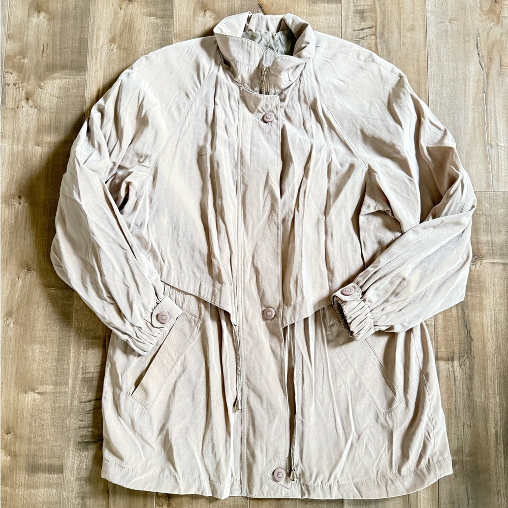 Vintage Jacqueline Ferrar Jacket Medium Tan Trench Coat Zipper Button
